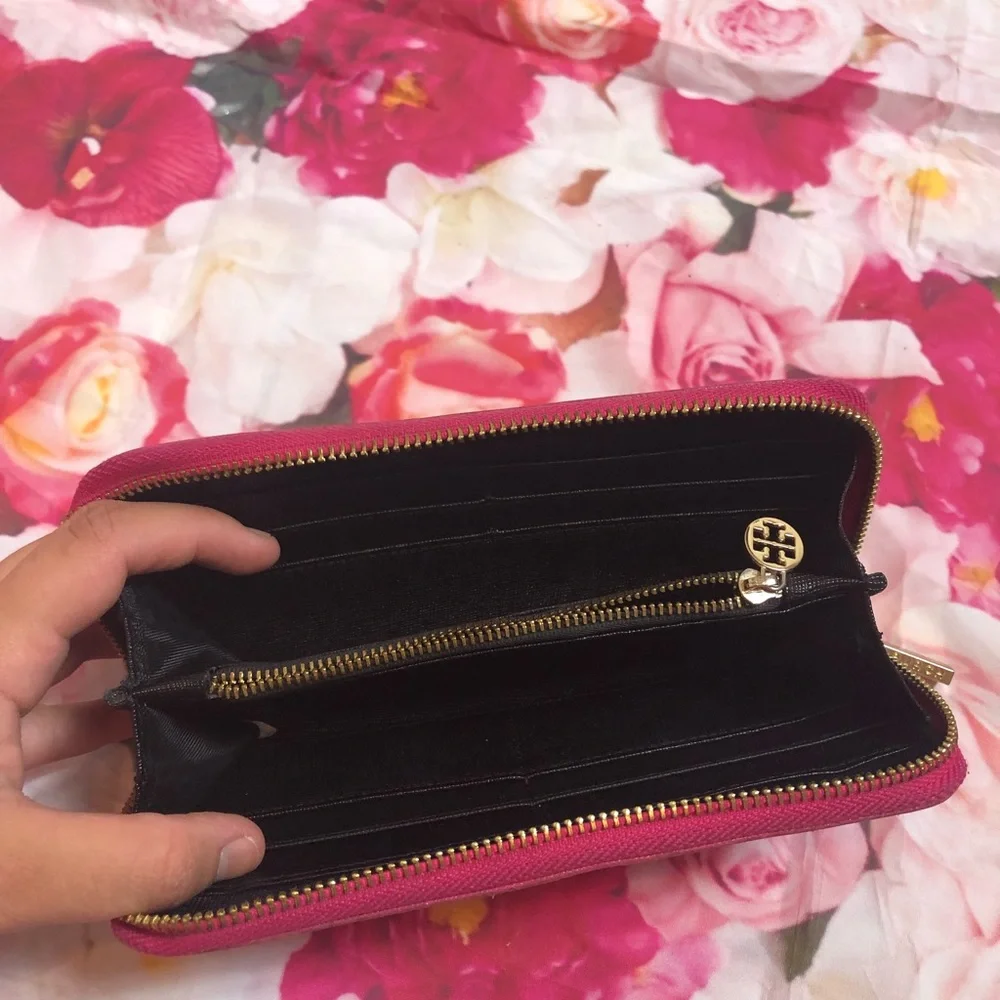 Tory Burch Pink Zip-Around Wallet with Gold Logo